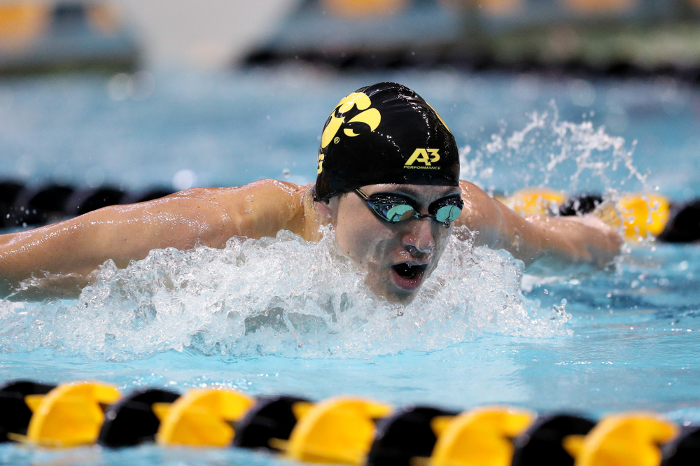 IowaÕs Michael Tenney competes in the 200 yard butterfly against Notre Dame and Illinois Saturday, January 11, 2020 at the Campus Recreation and Wellness Center. (Brian Ray/hawkeyesports.com)