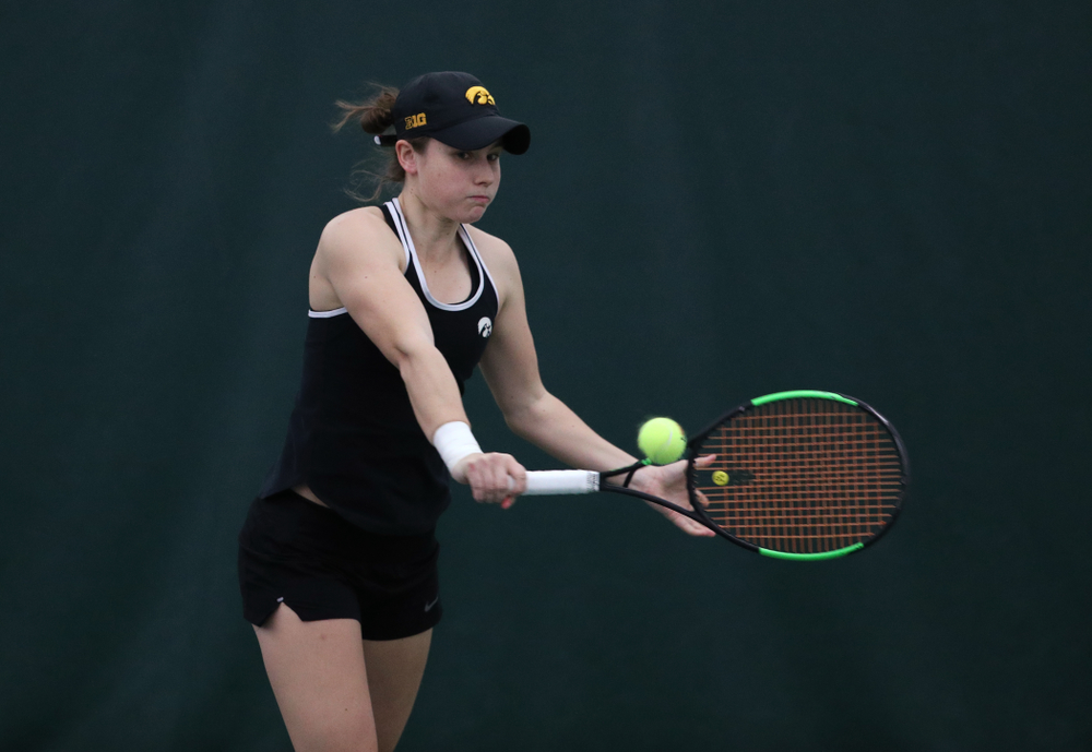 Iowa's Samantha Mannix and Elise Van Heuvelen Treadwell play a doubles match against the Penn State Nittany Lions Sunday, February 24, 2019 at the Hawkeye Tennis and Recreation Complex. (Brian Ray/hawkeyesports.com)