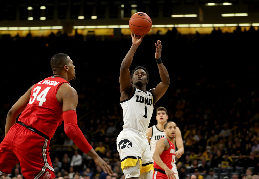 Iowa Hawkeyes guard Joe Toussaint (1) against the Ohio State Buckeyes Thursday, February 20, 2020 at Carver-Hawkeye Arena. (Brian Ray/hawkeyesports.com)