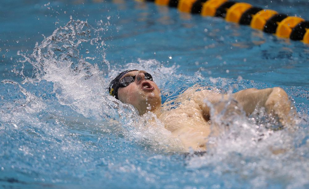 Iowa's John Colin competes in the 200-yard backstroke during the third day of the Hawkeye Invitational at the Campus Recreation and Wellness Center on November 17, 2018. (Tork Mason/hawkeyesports.com)