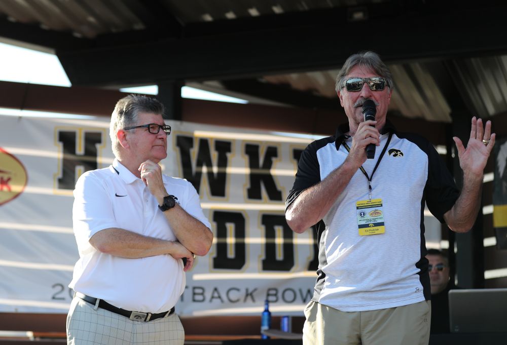 Hawkeye Football Radio team Gary Dolphin and Ed Podolak break down the game during the Hawkeye Huddle Monday, December 31, 2018 at Sparkman Wharf in Tampa, FL. (Brian Ray/hawkeyesports.com)