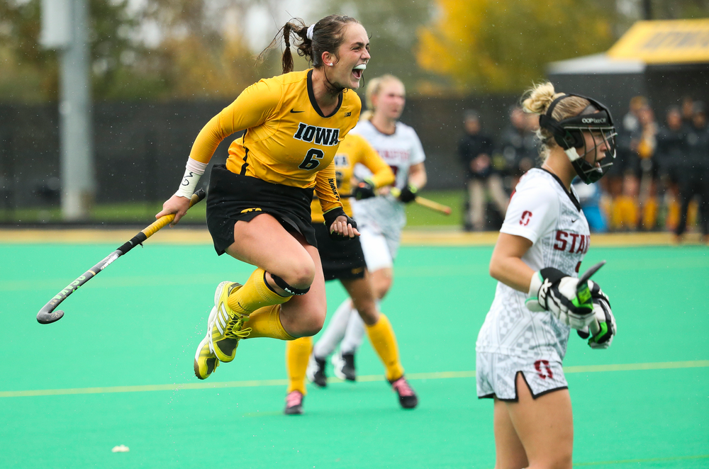 Iowa Hawkeyes defender Anthe Nijziel (6) celebrates after assisting on a goal during a game against Stanford at Grant Field on October 7, 2018. (Tork Mason/hawkeyesports.com)