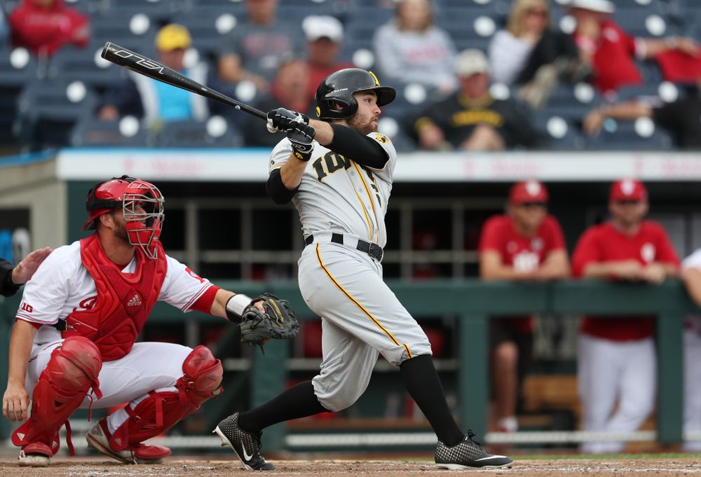 Iowa Hawkeyes outfielder Justin Jenkins (6) singles against the Indiana Hoosiers in the first round of the Big Ten Baseball Tournament Wednesday, May 22, 2019 at TD Ameritrade Park in Omaha, Neb. (Brian Ray/hawkeyesports.com)
