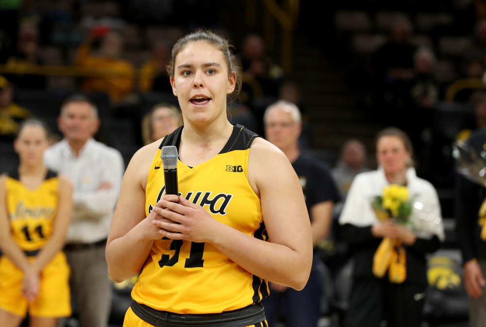 Iowa Hawkeyes forwar/center Paula Valiño Ramos (31) during senior day activities following their win over the Minnesota Golden Gophers Thursday, February 27, 2020 at Carver-Hawkeye Arena. (Brian Ray/hawkeyesports.com)