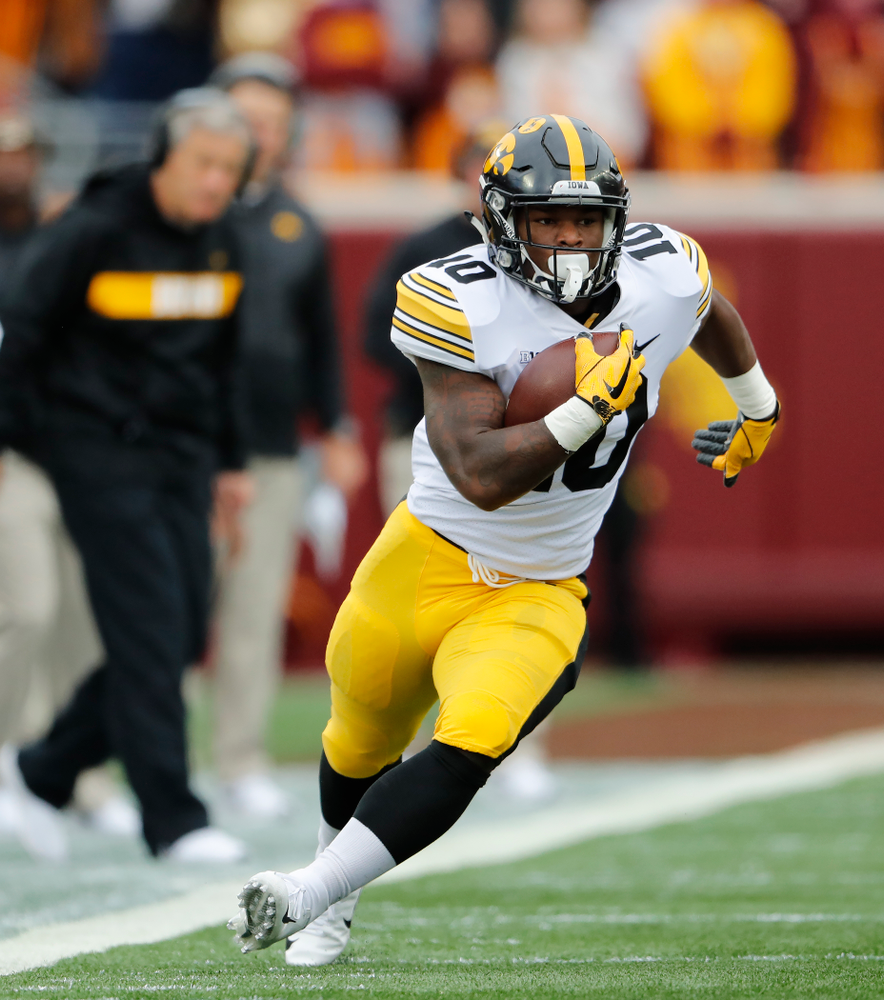 Iowa Hawkeyes running back Mekhi Sargent (10) against the Minnesota Golden Gophers Saturday, October 6, 2018 at TCF Bank Stadium. (Brian Ray/hawkeyesports.com)
