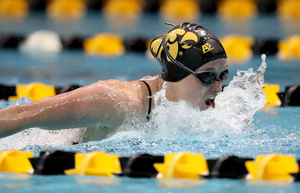 IowaÕs Kelsey Drake competes in the 200 yard butterfly against Notre Dame and Illinois Saturday, January 11, 2020 at the Campus Recreation and Wellness Center. (Brian Ray/hawkeyesports.com)
