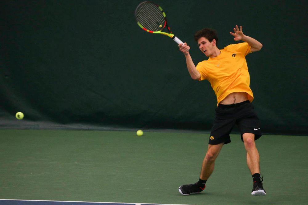 Iowa's Joe Tyler at a tennis match vs Drake Friday, March 8, 2019 at the Hawkeye Tennis and Recreation Complex. (Lily Smith/hawkeyesports.com)