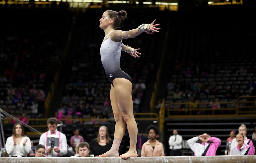 IowaÕs Allie Gilchrist competes on the beam against Ball State and Air Force Saturday, January 11, 2020 at Carver-Hawkeye Arena. (Brian Ray/hawkeyesports.com)