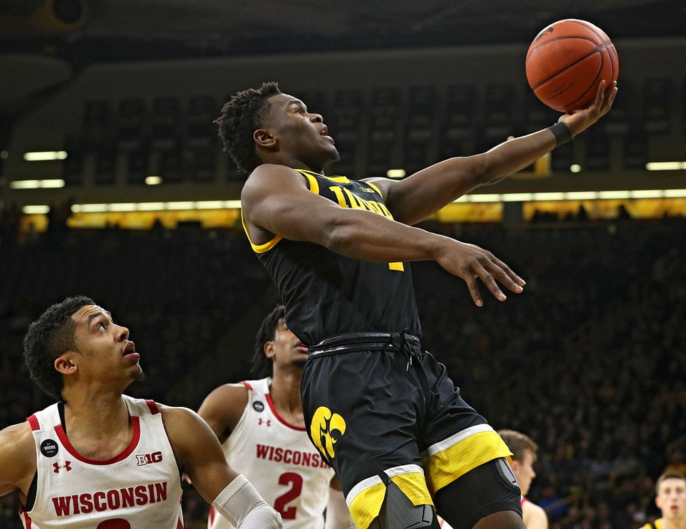 Iowa Hawkeyes guard Joe Toussaint (1) scores a basket during the first half of their game at Carver-Hawkeye Arena in Iowa City on Monday, January 27, 2020. (Stephen Mally/hawkeyesports.com)