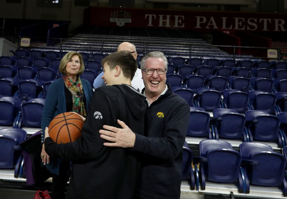 Iowa Hawkeyes head coach Fran McCaffery introduces his son Jack to Bob Weinhauer, his head coach from Penn, before practice at the Palestra Friday, January 3, 2020 in Philadelphia. (Brian Ray/hawkeyesports.com)