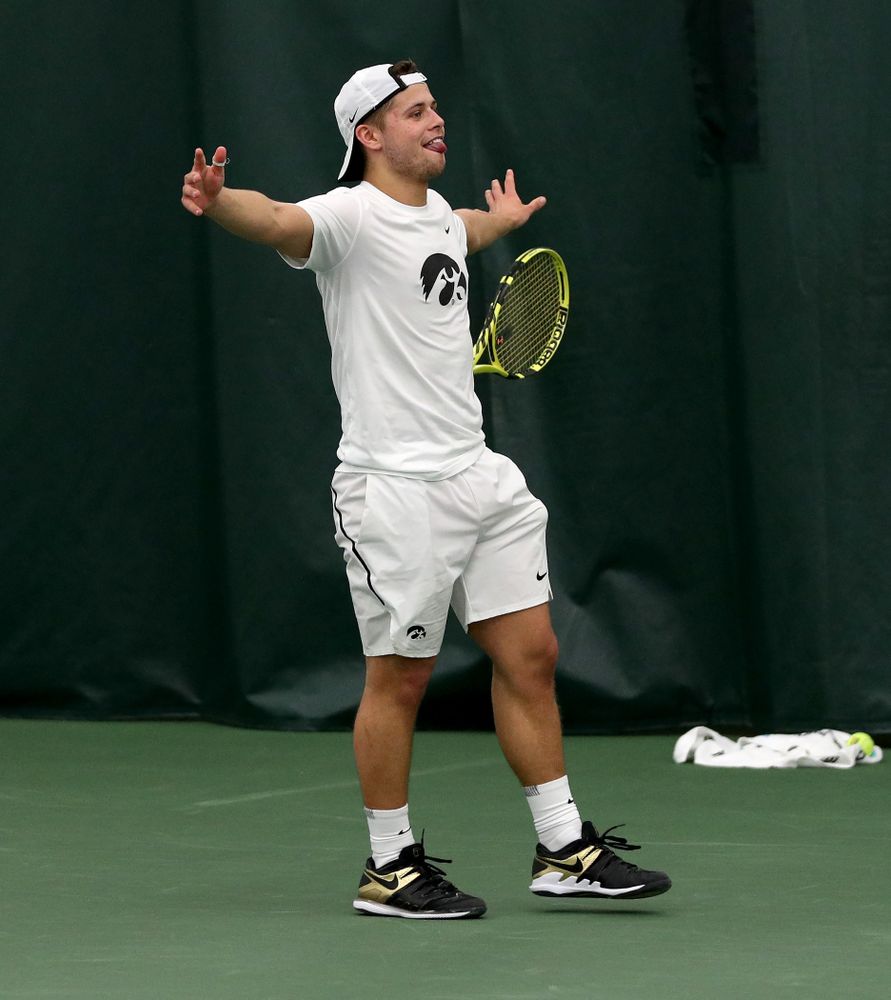 Iowa’s Will Davies against Cornell Sunday, March 8, 2020 at the Hawkeye Tennis and Recreation Center. (Brian Ray/hawkeyesports.com)