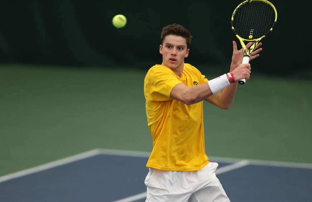 Joe Tyler against Utah Sunday, February 10, 2019 at the Hawkeye Tennis and Recreation Complex. (Brian Ray/hawkeyesports.com)