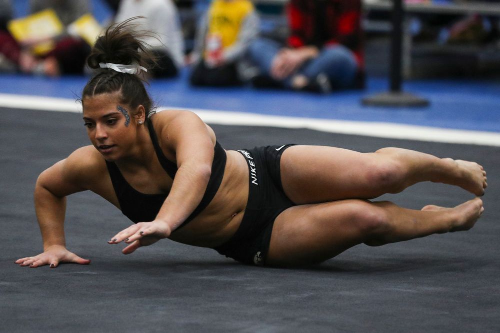 Ariana Agrapides performs a floor routine during the Iowa women’s gymnastics Black and Gold Intraquad Meet on Saturday, December 7, 2019 at the UI Field House. (Lily Smith/hawkeyesports.com)