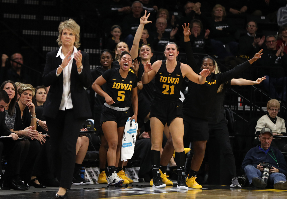Iowa Hawkeyes guard Alexis Sevillian (5) and forward Hannah Stewart (21) against the Iowa State Cyclones in the Iowa Corn Cy-Hawk Series Wednesday, December 5, 2018 at Carver-Hawkeye Arena. (Brian Ray/hawkeyesports.com)