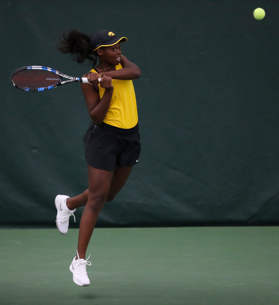Adorabol Huckleby returns a shot in a singles match during the second day of the ITA Central Regional Championships at the Hawkeye Tennis and Recreation Complex on October 13, 2018. (Tork Mason/hawkeyesports.com)