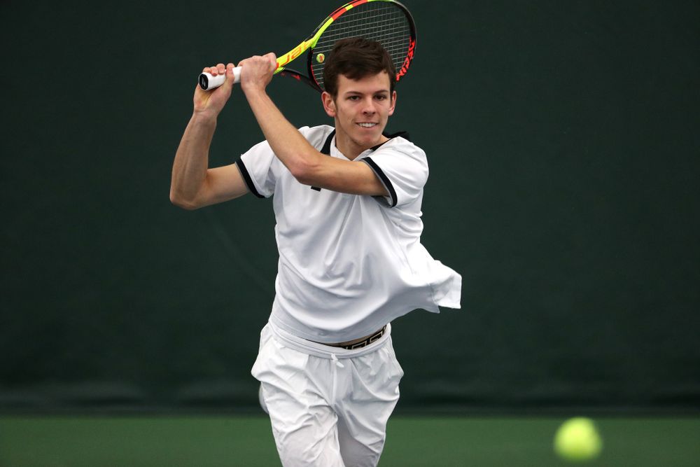 Iowa's Piotr Smietana against North Dakota Friday, January 25, 2019 at the Hawkeye Tennis and Recreation Complex. (Brian Ray/hawkeyesports.com)