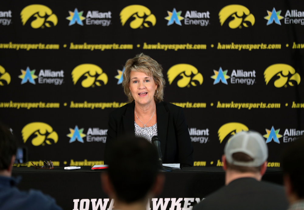 Iowa Hawkeyes head coach Lisa Bluder addresses reporters during the team's annual media day Wednesday, October 31, 2018 at Carver-Hawkeye Arena. (Brian Ray/hawkeyesports.com)