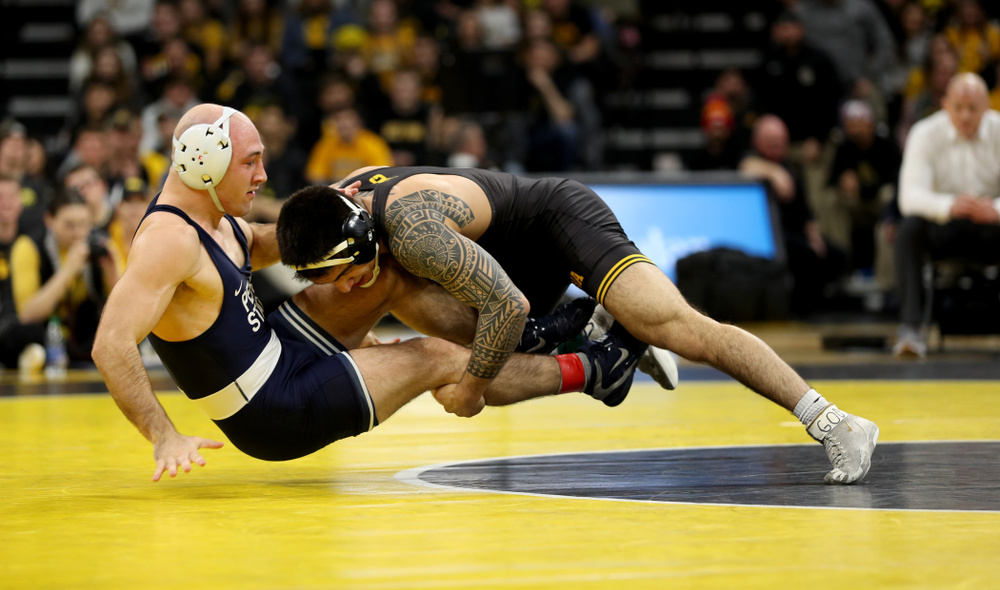 Iowa’s Pat Lugo wrestles Penn State’s Jarod Verkleeren at 149 pounds Friday, January 31, 2020 at Carver-Hawkeye Arena. Lugo defeated Verkleeren 6-1. (Brian Ray/hawkeyesports.com)