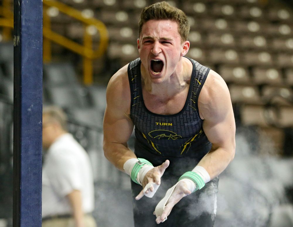 Iowa's Jake Brodarzon competes in the rings against Ohio State at Caver-Hawkeye Arena in Iowa City on Saturday, Mar. 16, 2019. (Stephen Mally for HawkeyeSports.com)