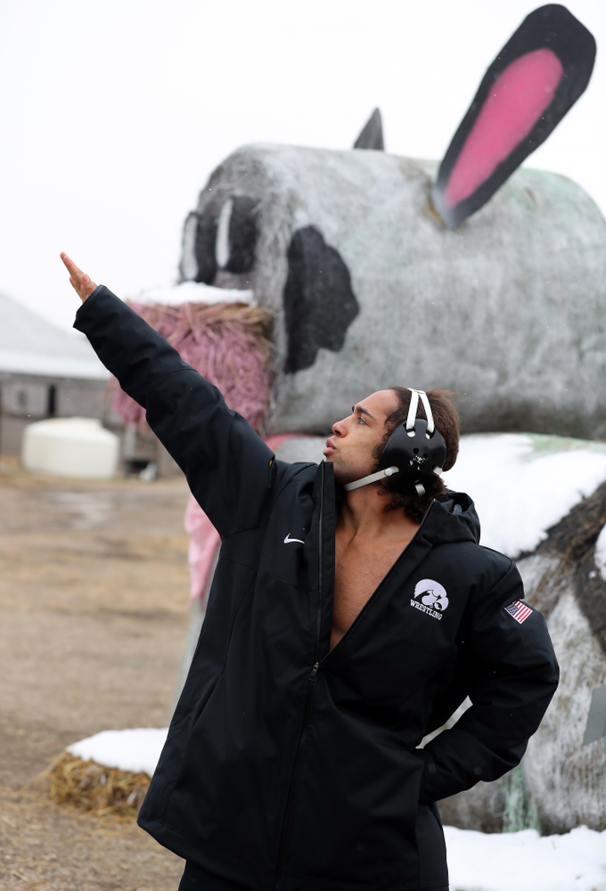 Wrestler Jeremiah Moody messes around during the teamÕs annual media day Wednesday, October 30, 2019 at Kroul Family Farms in Mount Vernon. (Brian Ray/hawkeyesports.com)