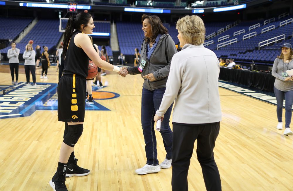 Iowa Hawkeyes forward Megan Gustafson (10) talks with the ESPN Crew following practice for their Sweet 16 matchup against NC State Friday, March 29, 2019 at the Greensboro Coliseum in Greensboro, NC.(Brian Ray/hawkeyesports.com)
