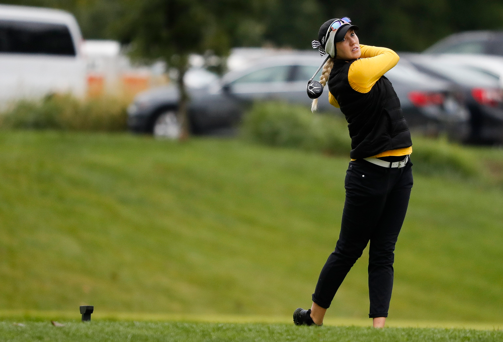 Iowa's Shawn Rennegarbe tees off during the Diane Thomason Invitational at Finkbine Golf Course on September 29, 2018. (Tork Mason/hawkeyesports.com)