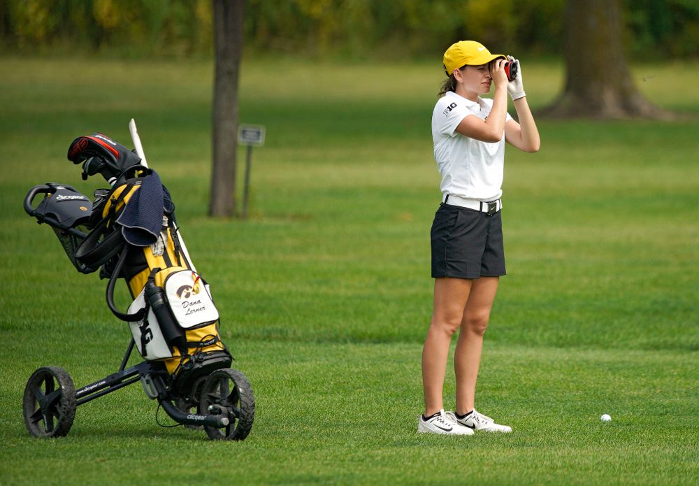 Iowa’s Dana Lerner uses a rangefinder during their dual against Northern Iowa at Pheasant Ridge Golf Course in Cedar Falls on Monday, Sep 2, 2019. (Stephen Mally/hawkeyesports.com)