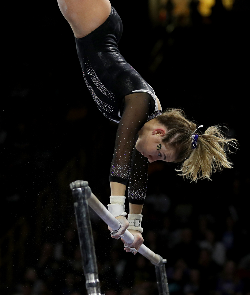 Iowa’s Alex Greenwald competes on the bars against Michigan State Saturday, February 1, 2020 at Carver-Hawkeye Arena. (Brian Ray/hawkeyesports.com)