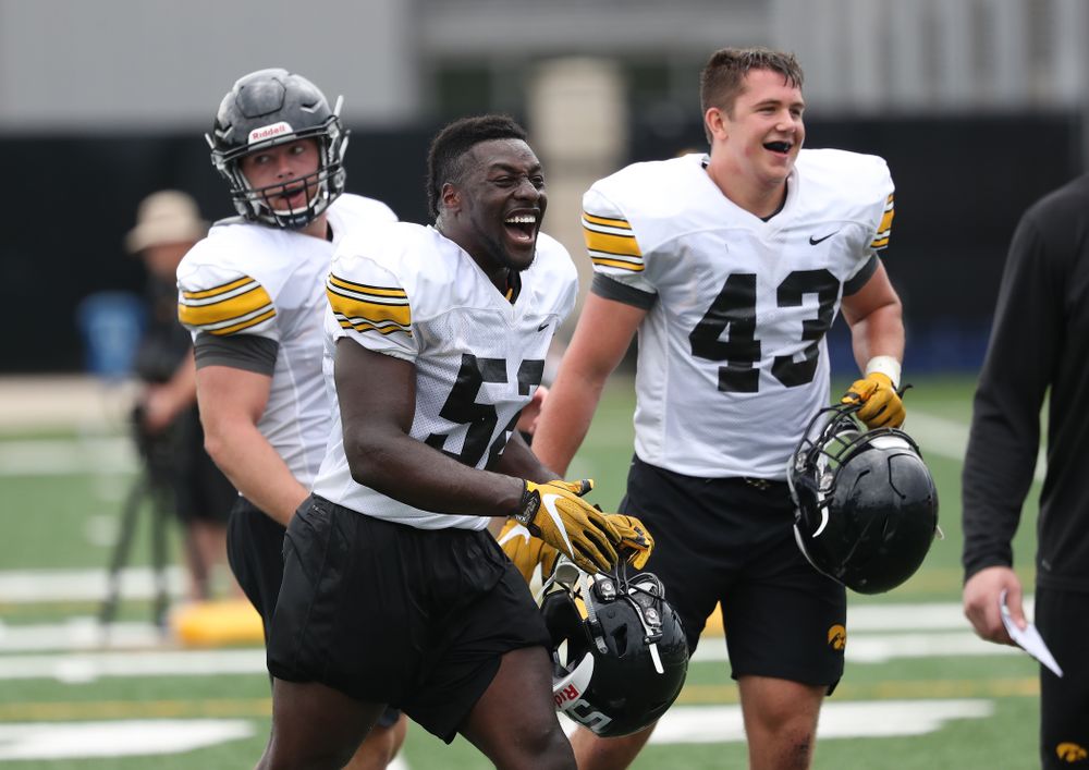 Iowa Hawkeyes linebacker Amani Jones (52) and linebacker Dillon Doyle (43) during practice No. 4 of Fall Camp Monday, August 6, 2018 at the Hansen Football Performance Center. (Brian Ray/hawkeyesports.com)