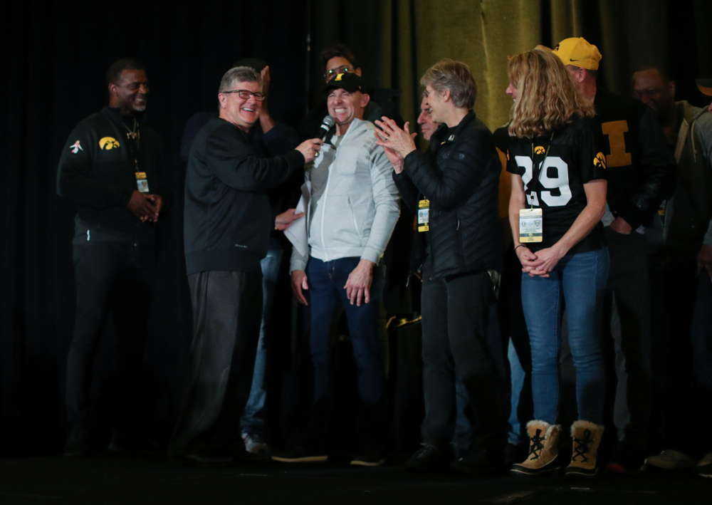 Tim Dwight and other letter winners are introduced during the Holiday Bowl Hawkeye Huddle Thursday, December 26, 2019 at the Hilton in downtown San Diego. (Brian Ray/hawkeyesports.com)