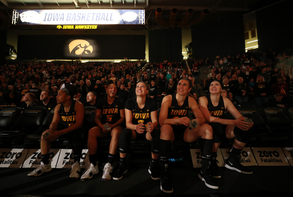 Iowa Hawkeyes forward Megan Gustafson (10), forward Hannah Stewart (21), guard Makenzie Meyer (3), guard Alexis Sevillian (5), and guard Tania Davis (11) against the Iowa State Cyclones in the Iowa Corn Cy-Hawk Series Wednesday, December 5, 2018 at Carver-Hawkeye Arena. (Brian Ray/hawkeyesports.com)