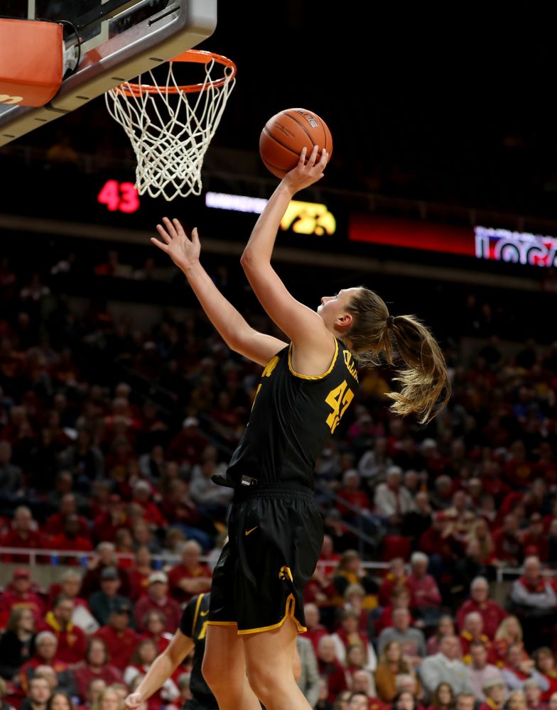 Iowa Hawkeyes forward Amanda Ollinger (43) against the Iowa State Cyclones Wednesday, December 11, 2019 at Hilton Coliseum in Ames, Iowa(Brian Ray/hawkeyesports.com)