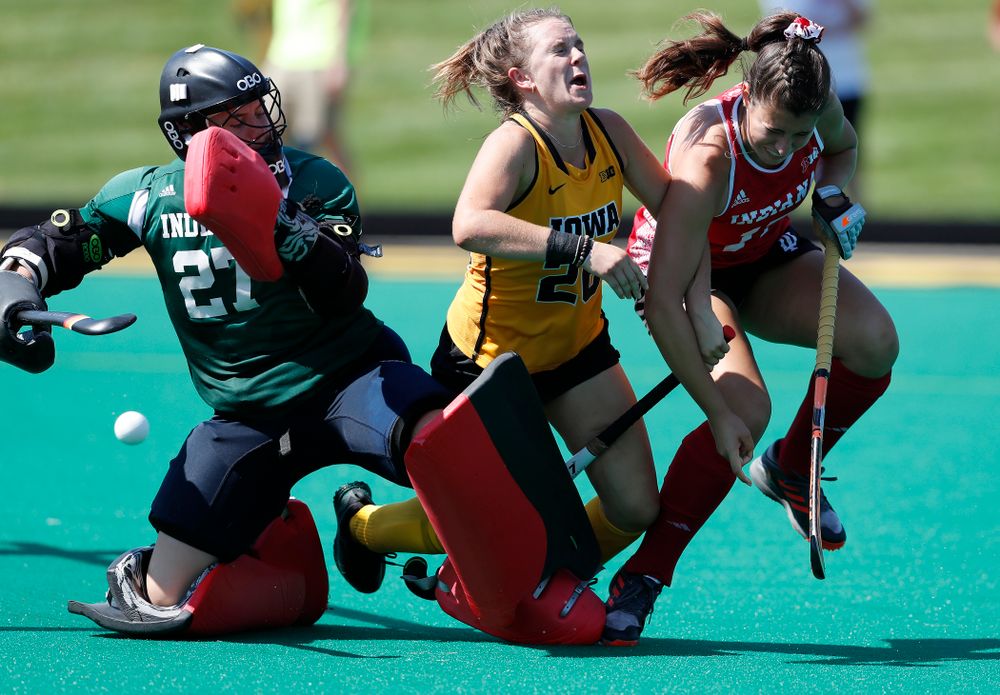 Iowa Hawkeyes Maddy Murphy (26) collides with the goal keeper as she scores against Indiana Sunday, September 16, 2018 at Grant Field. (Brian Ray/hawkeyesports.com)