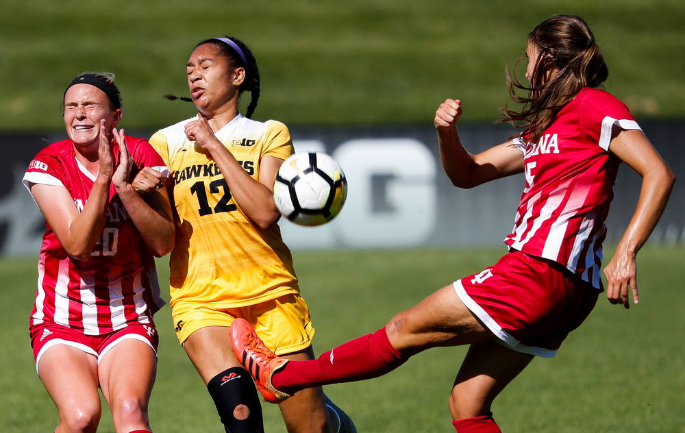 Iowa Hawkeyes forward Olivia Fiegel (12) blocks a pass during a game against Indiana at the Iowa Soccer Complex on September 23, 2018. (Tork Mason/hawkeyesports.com)