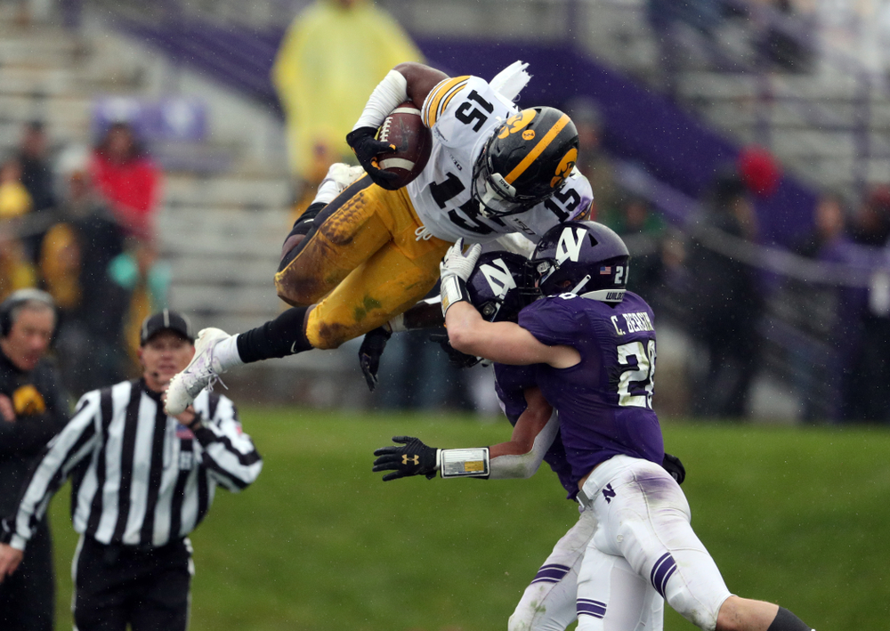Iowa Hawkeyes running back Tyler Goodson (15) against the Northwestern Wildcats Saturday, October 26, 2019 at Ryan Field in Evanston, Ill. (Brian Ray/hawkeyesports.com)