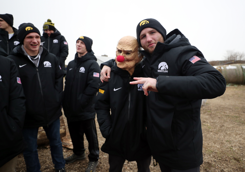 All American Alex Marinelli messes around with teammate Gavin Teasdale during the teamÕs annual media day Wednesday, October 30, 2019 at Kroul Family Farms in Mount Vernon. (Brian Ray/hawkeyesports.com)