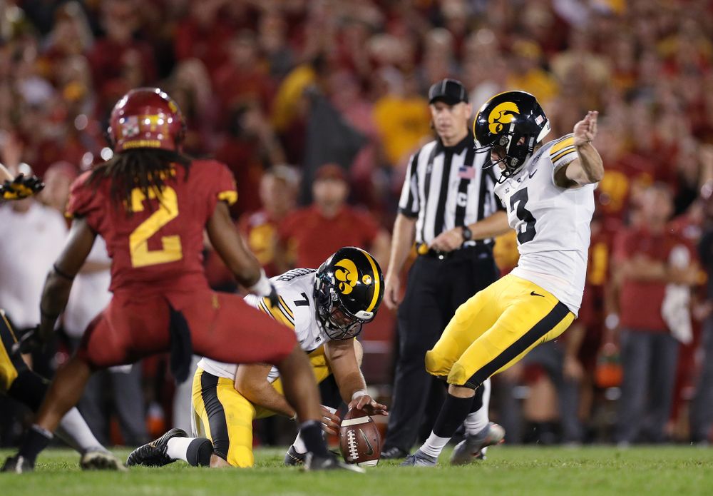 Iowa Hawkeyes place kicker Keith Duncan (3) kicks a field goal against the Iowa State Cyclones Saturday, September 14, 2019 in Ames, Iowa. (Brian Ray/hawkeyesports.com)
