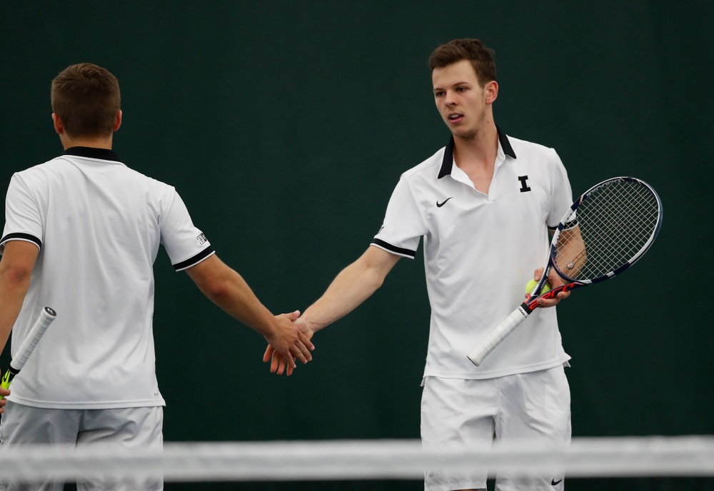 Will Davies and Piotr Smietana play a doubles match against Purdue Sunday, April 15, 2018 at the Hawkeye Tennis and Recreation Center. (Brian Ray/hawkeyesports.com)