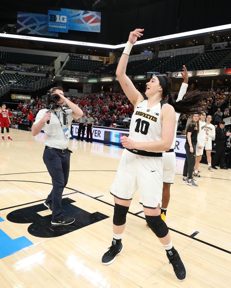 Iowa Hawkeyes forward Megan Gustafson (10) against the Indiana Hoosiers in the quarterfinals of the Big Ten Tournament Friday, March 8, 2019 at Bankers Life Fieldhouse in Indianapolis, Ind. (Brian Ray/hawkeyesports.com)
