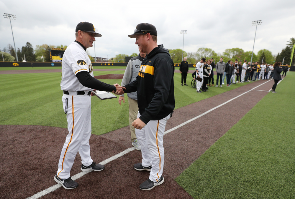 Graduate Assistant Shane Schmidt during senior day festivities before their game against Michigan State Sunday, May 12, 2019 at Duane Banks Field. (Brian Ray/hawkeyesports.com)