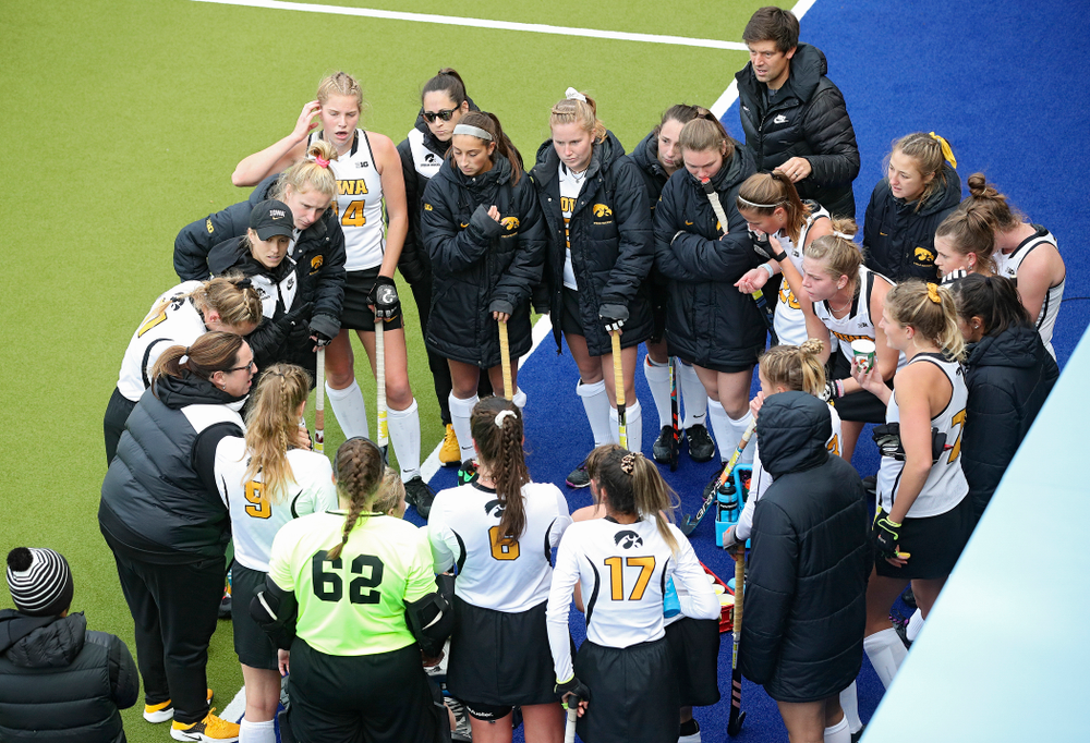 Iowa’s head coach Lisa Cellucci talks with her team in a huddle between the third and fourth quarter of their NCAA Tournament Second Round match against North Carolina at Karen Shelton Stadium in Chapel Hill, N.C. on Sunday, Nov 17, 2019. (Stephen Mally/hawkeyesports.com)