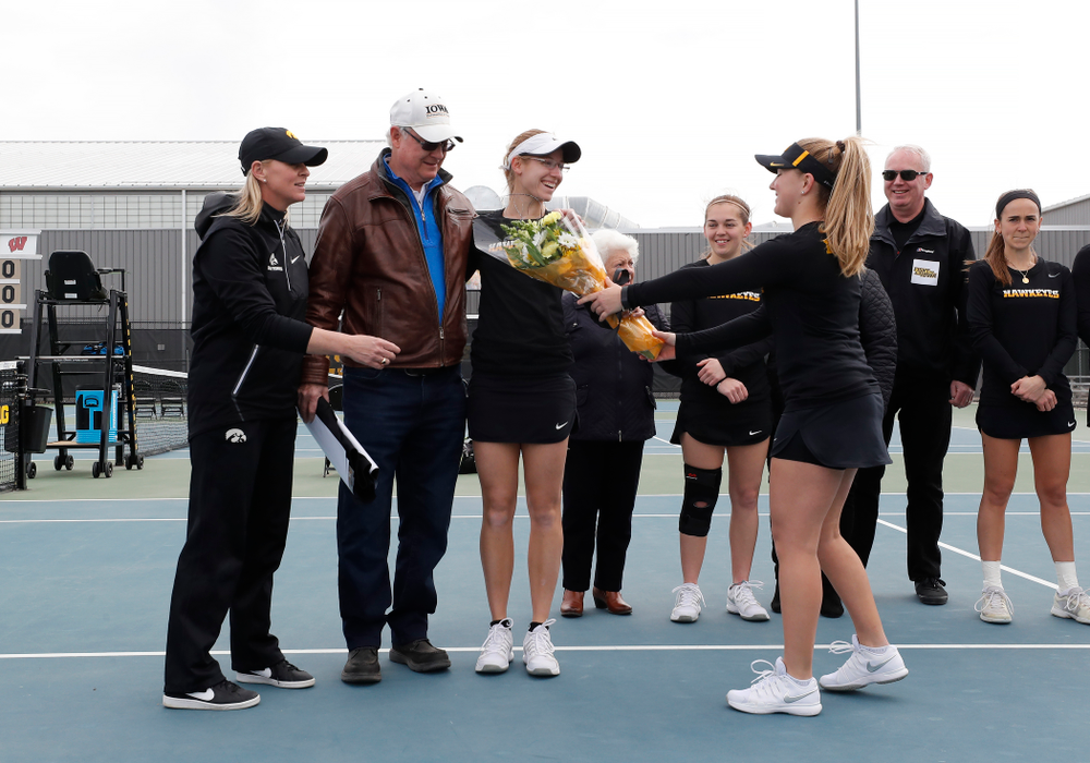 Iowa's Montana Crawford during Senior Day activities before their match against the Wisconsin Badgers Sunday, April 22, 2018 at the Hawkeye Tennis and Recreation Center. (Brian Ray/hawkeyesports.com)