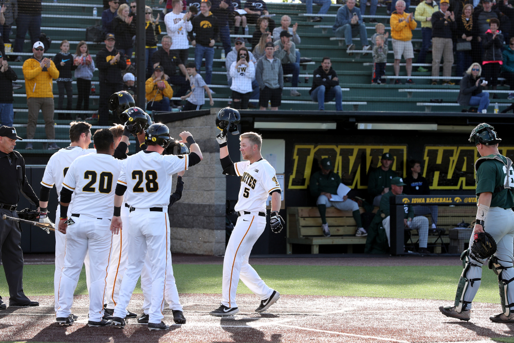 Iowa Hawkeyes Zeb Adreon (5) celebrates after hitting a grand slam against the Michigan State Spartans Friday, May 10, 2019 at Duane Banks Field. (Brian Ray/hawkeyesports.com)