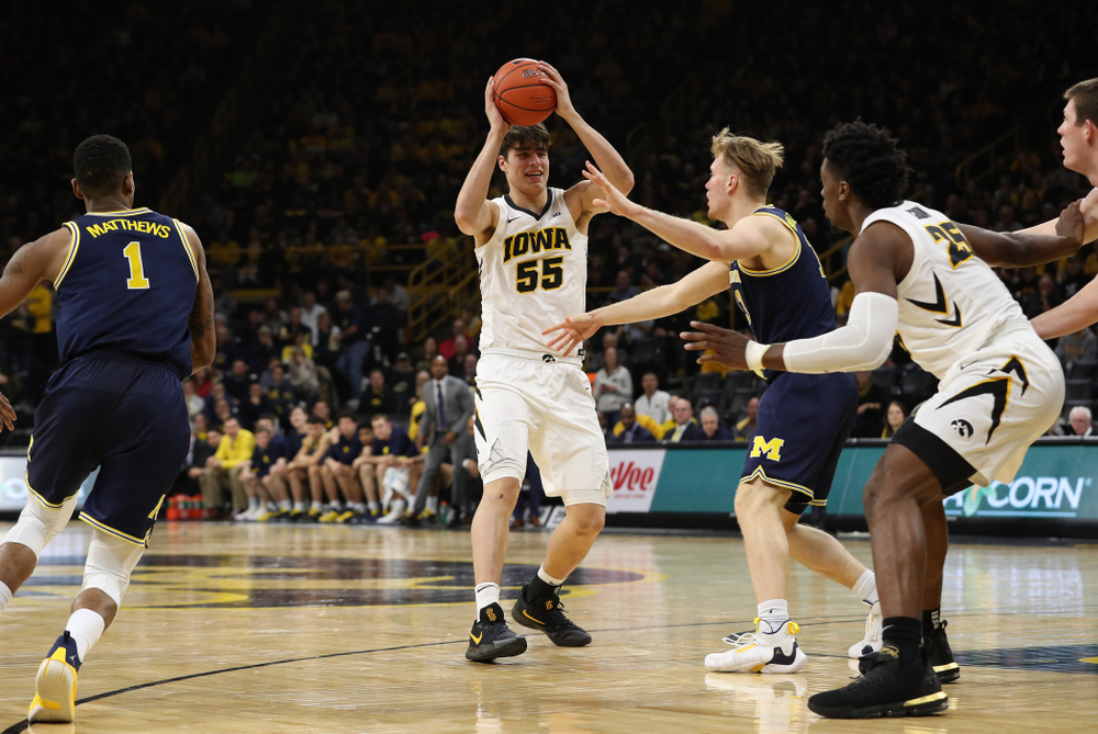 Iowa Hawkeyes forward Luka Garza (55) against the Michigan Wolverines Friday, February 1, 2019 at Carver-Hawkeye Arena. (Brian Ray/hawkeyesports.com)
