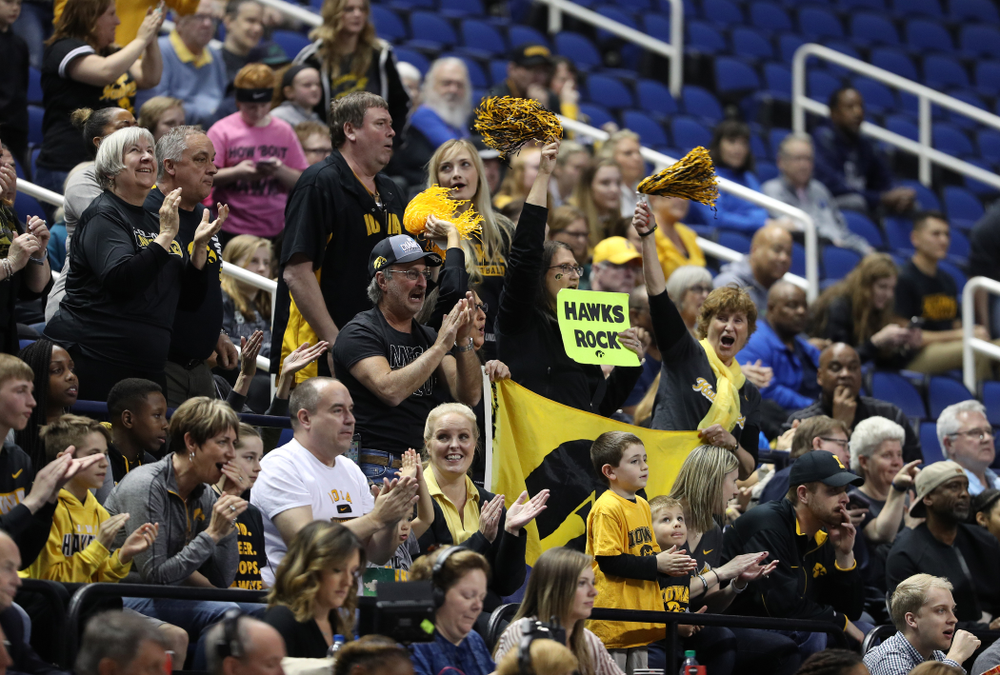 Fans cheer on the Iowa Hawkeyes against the Baylor Lady Bears in the regional final of the 2019 NCAA Women's College Basketball Tournament Monday, April 1, 2019 at Greensboro Coliseum in Greensboro, NC.(Brian Ray/hawkeyesports.com)