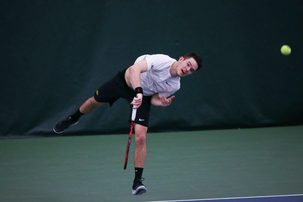Iowa's Jonas Larsen at a tennis match vs Drake Friday, March 8, 2019 at the Hawkeye Tennis and Recreation Complex. (Lily Smith/hawkeyesports.com)