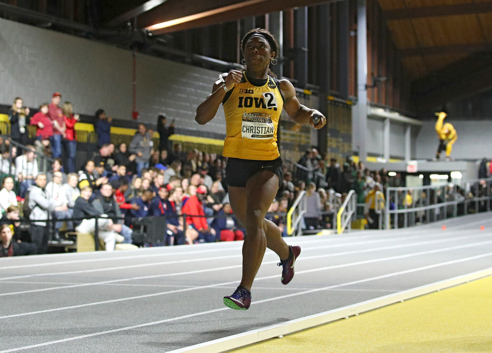 Iowa’s Antonise Christian runs the women’s 1600 meter relay premier event during the Larry Wieczorek Invitational at the Recreation Building in Iowa City on Saturday, January 18, 2020. (Stephen Mally/hawkeyesports.com)
