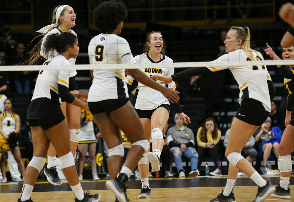 Iowa Hawkeyes outside hitter Meghan Buzzerio (5) reacts after winning a point during a game against Purdue at Carver-Hawkeye Arena on October 13, 2018. (Tork Mason/hawkeyesports.com)