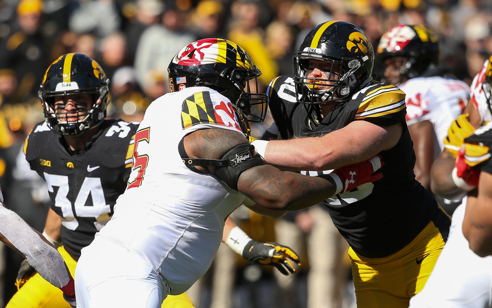 Iowa Hawkeyes defensive end Parker Hesse (40) rushes the quarterback during a game against Maryland at Kinnick Stadium on October 20, 2018. (Tork Mason/hawkeyesports.com)