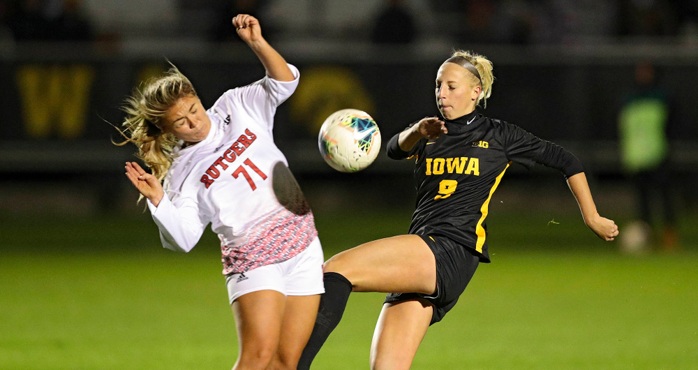 Iowa defender Samantha Cary (9) eyes the ball during the second half of their match at the Iowa Soccer Complex in Iowa City on Friday, Oct 11, 2019. (Stephen Mally/hawkeyesports.com)